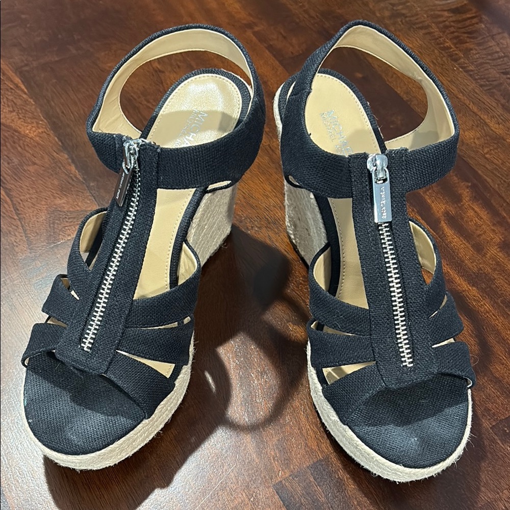 Michael Kors Black and Cream Wedge Sandals